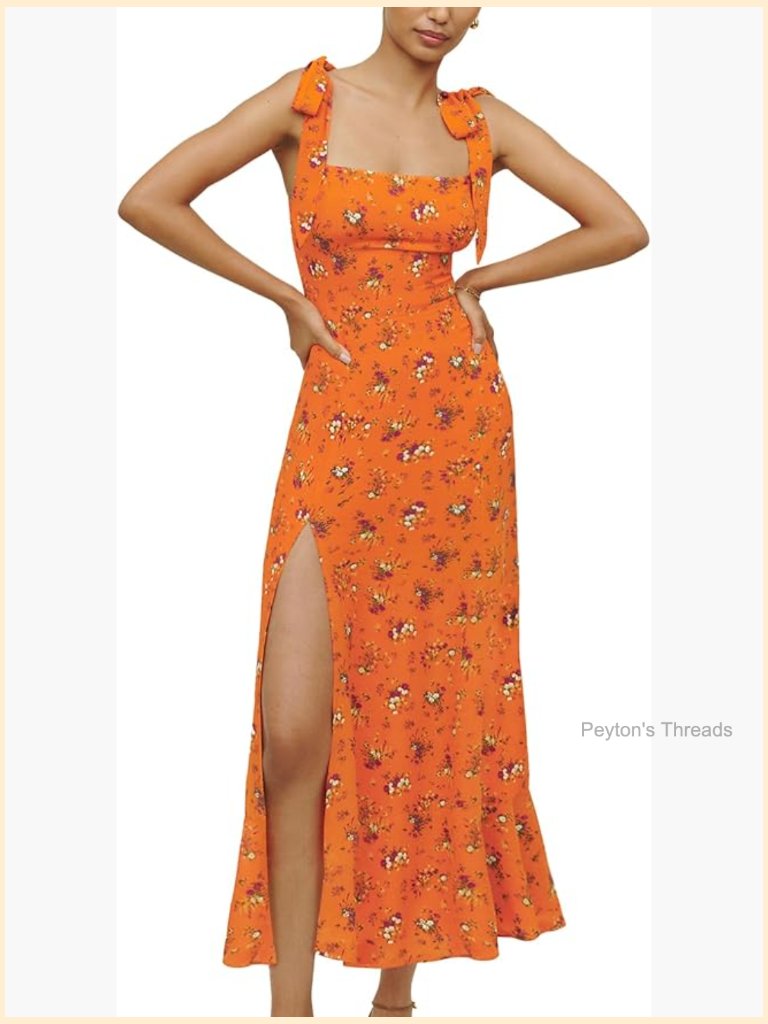Square Neck Tie Shoulder Sleeveless Tie Waist Side Split Midi Dress
